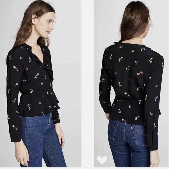 Rails Tops - Rails Simone Blouse Wrap Top Long Sleeve Shirt Floral Rayon Black Size Small